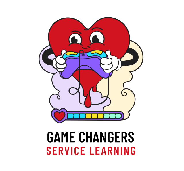 A cartoon image of a heart playing a video game representing the Destination Imagination Service Learning Challenge Game Changer
